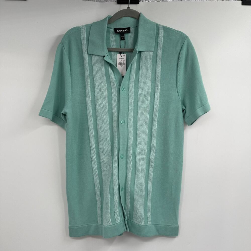 NWT Express Sweater Polo Shirt Mens S Green Textured Striped Button Short Sleeve